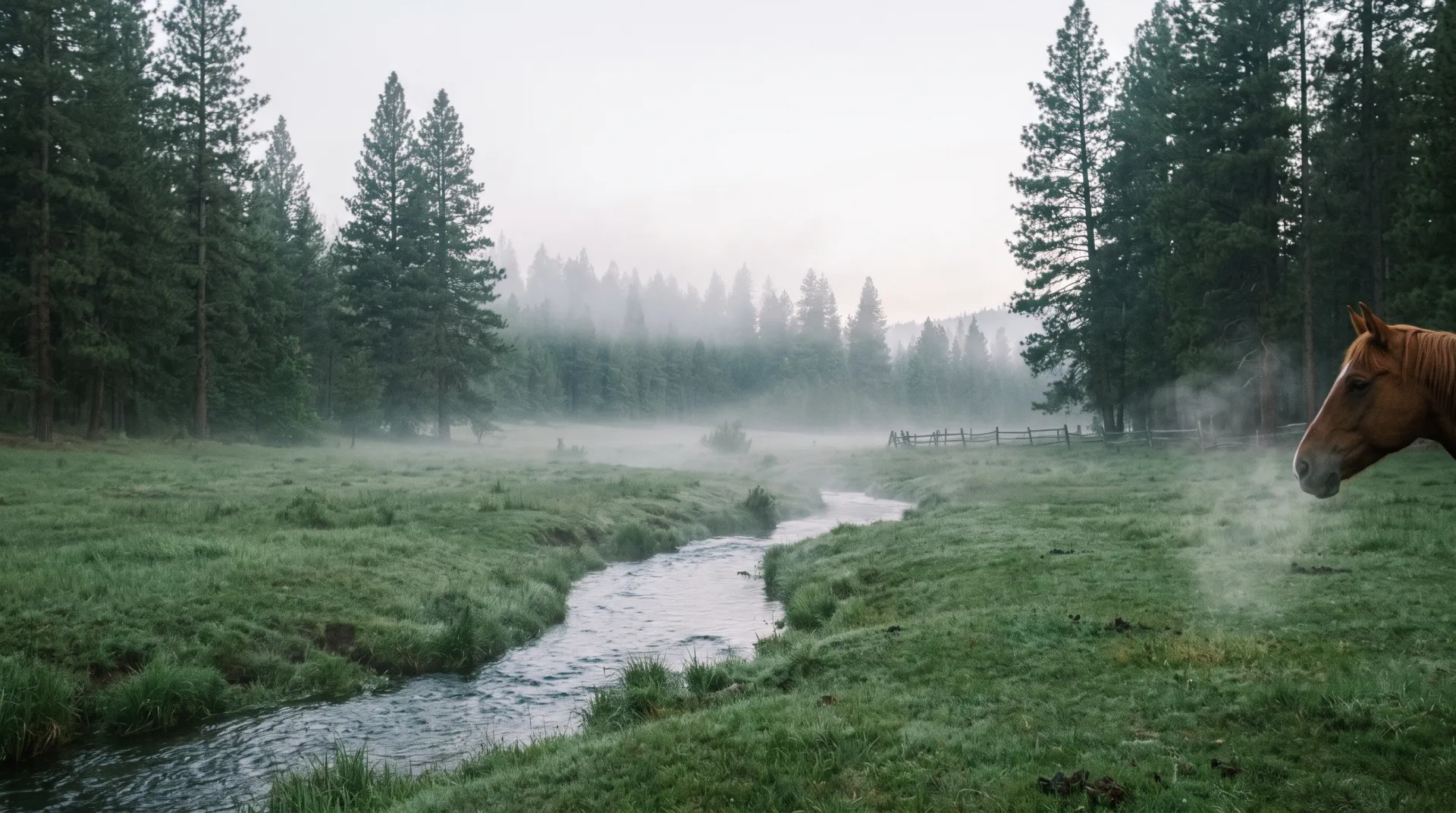 Illustrative morning mist over a brook and a pine-edged pasture, with a horse at the edge of the frame